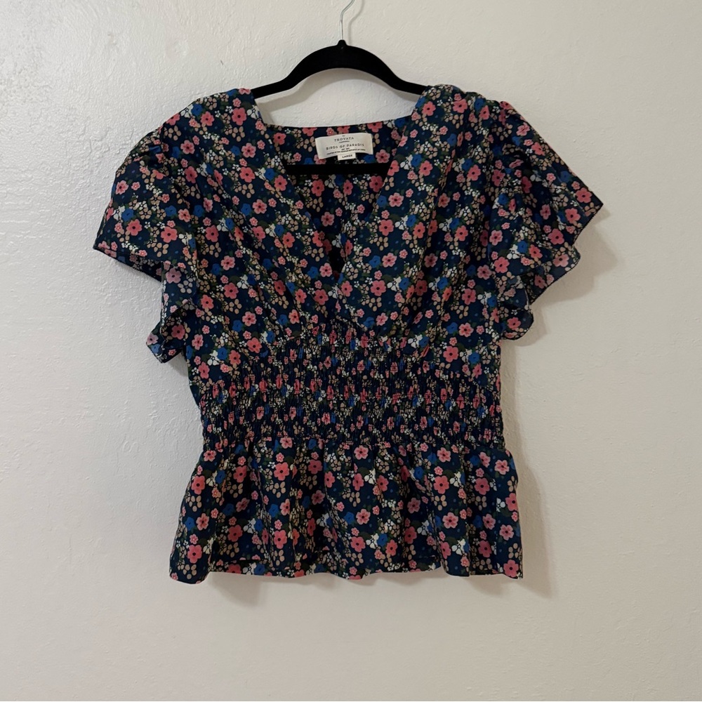 Trovata Birds of Paradis Paloma floral blouse smocked waist and flutter sleeves